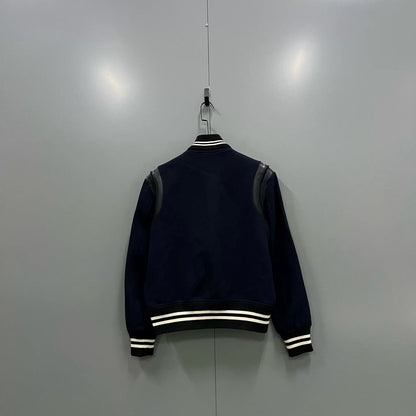 Saint Laurent Dark Blue Leather Sleeve Baseball Jacket