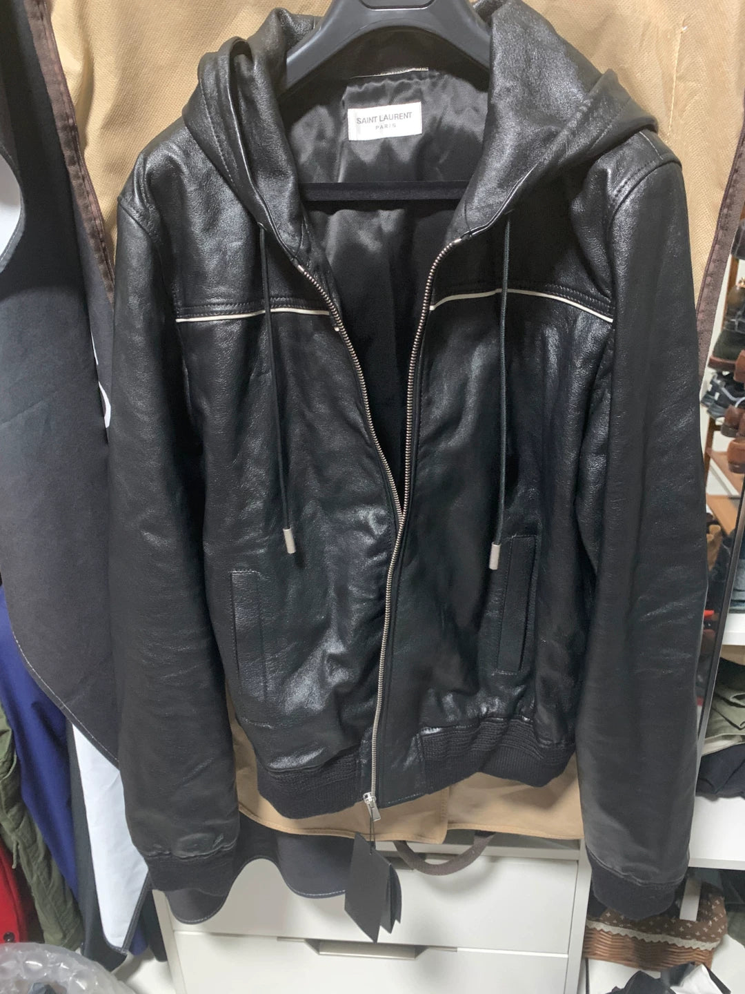 saint laurent black leather jacket size 48