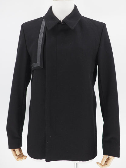 black wool blend coat with leather details