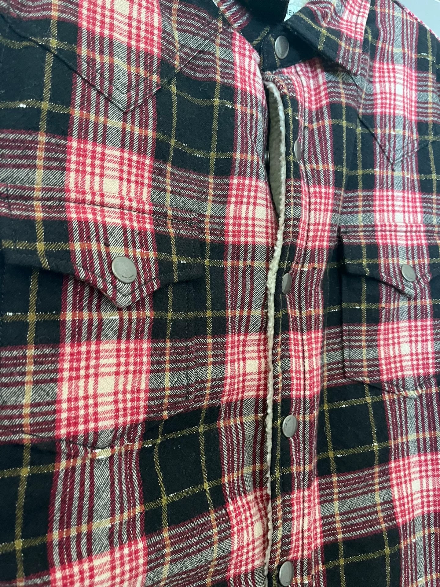 Saint Laurent Red/Black Plaid Shearling Shirt Jacket