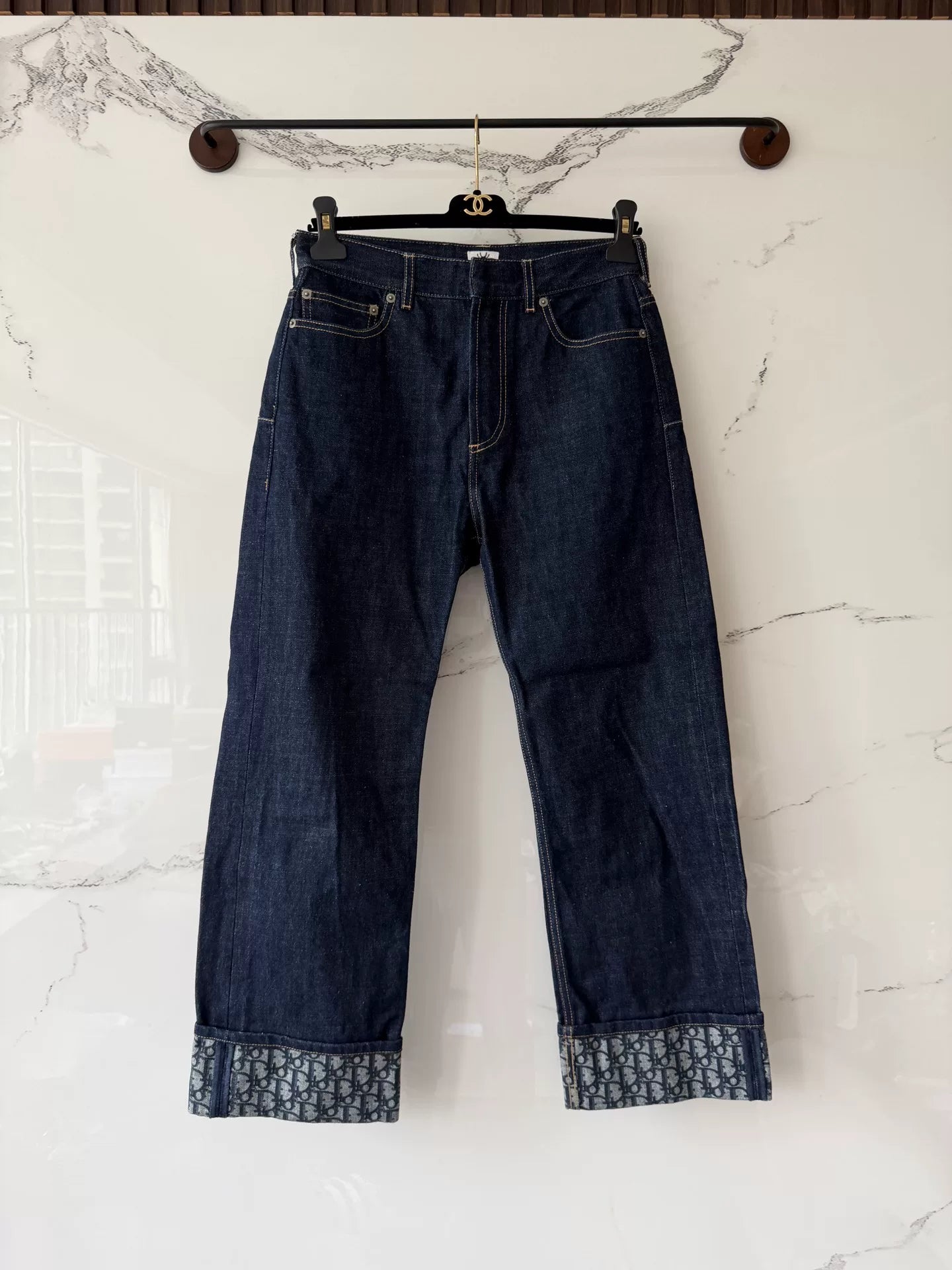 dior blue printed denim pants