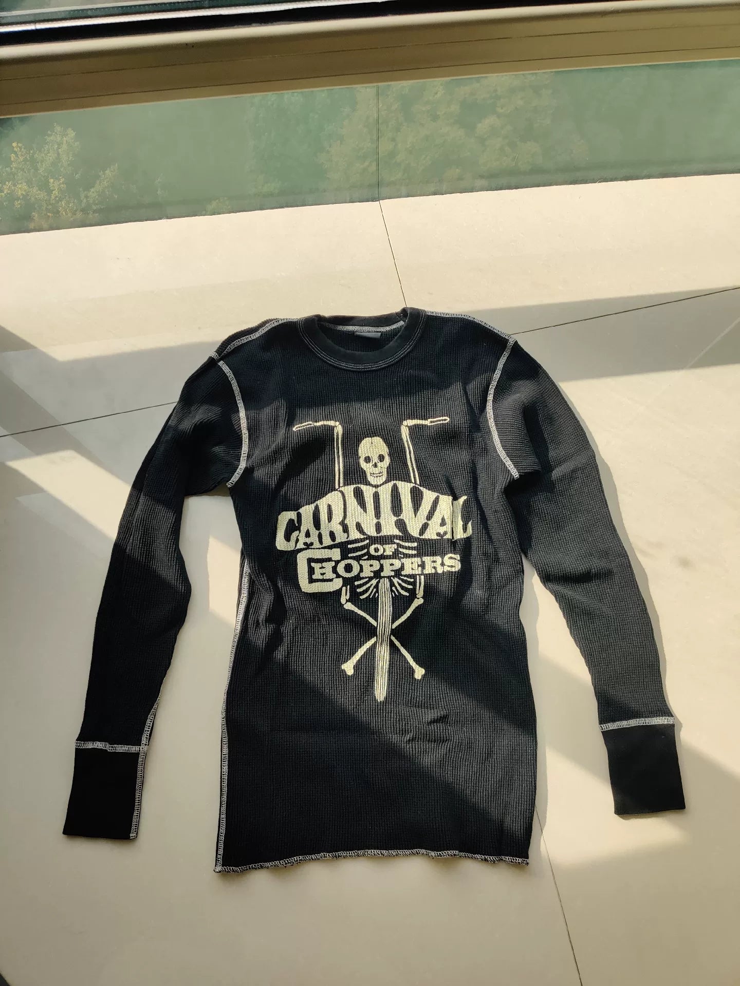 Black Waffle Knit Long Sleeve Shirt