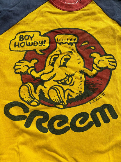 yellow blue graphic tee with 3/4 sleeves