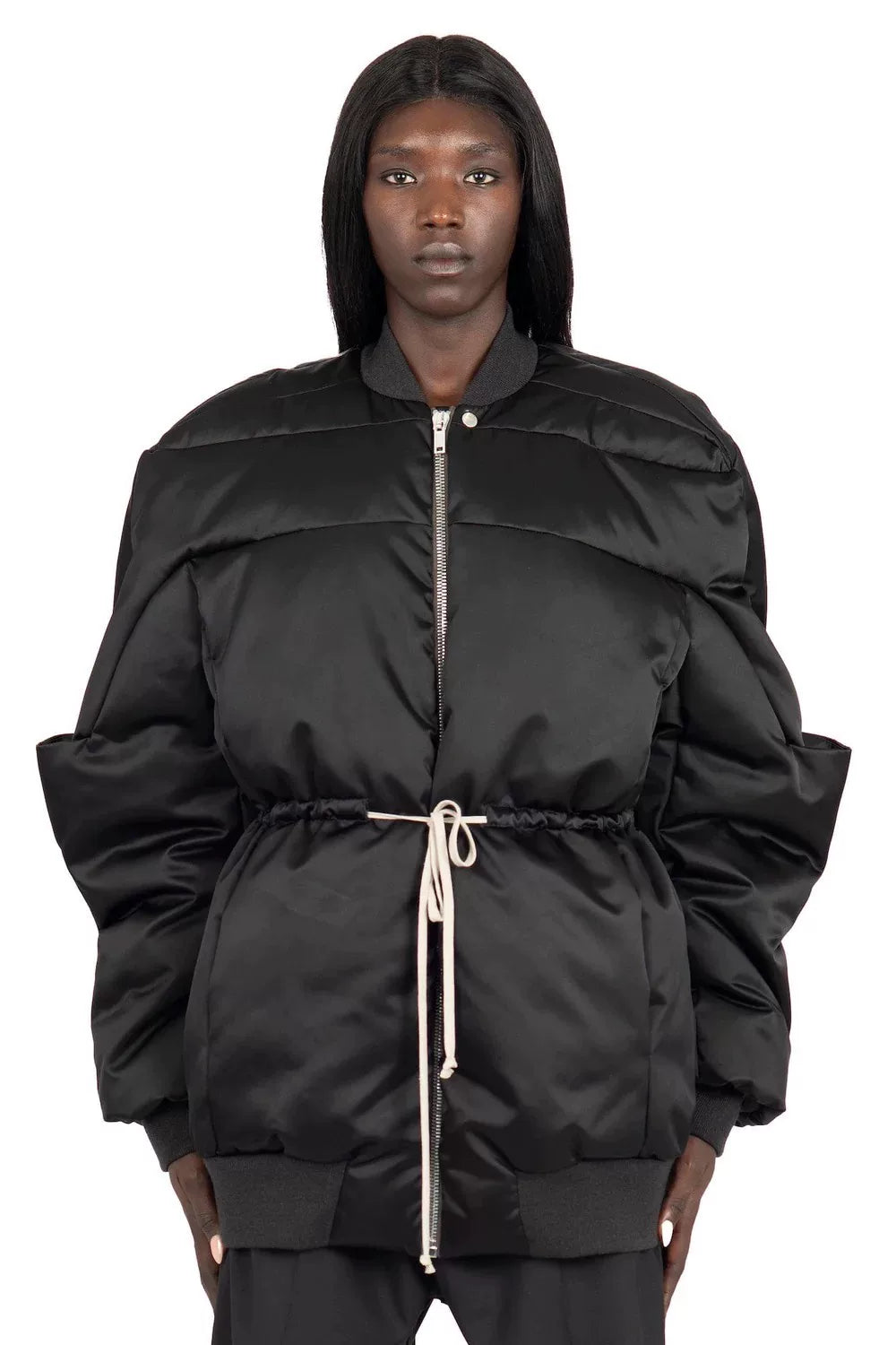 oversized black puffer jacket with waist tie