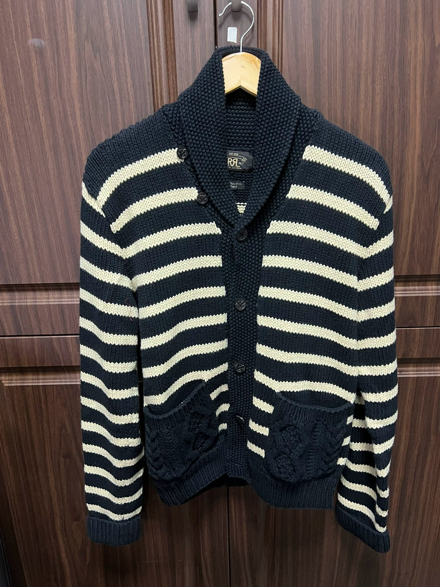striped rrl cardigan in navy and cream