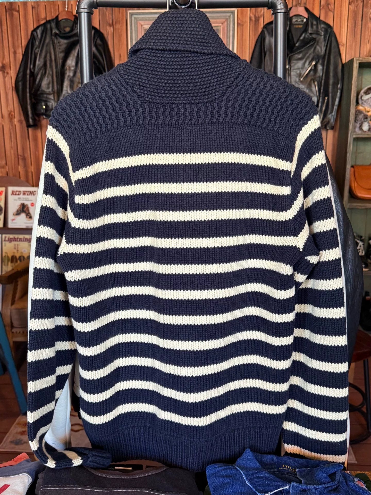 RRL Navy White Stripe Cardigan