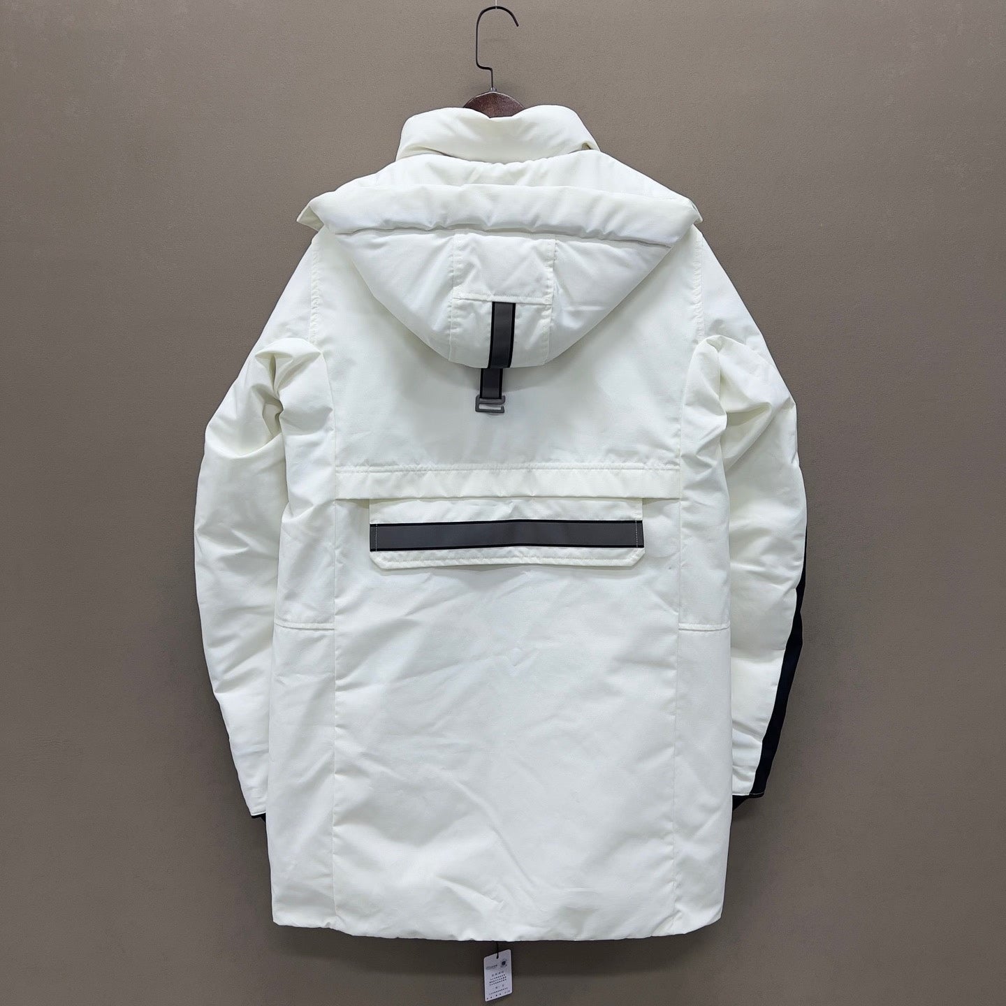 white long parka with black accents