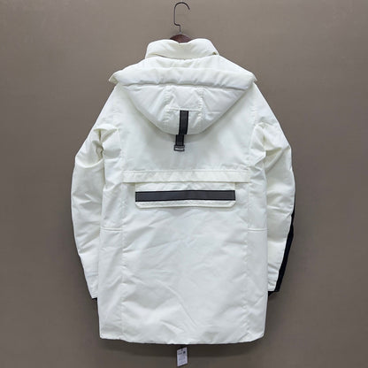 white long parka with black accents