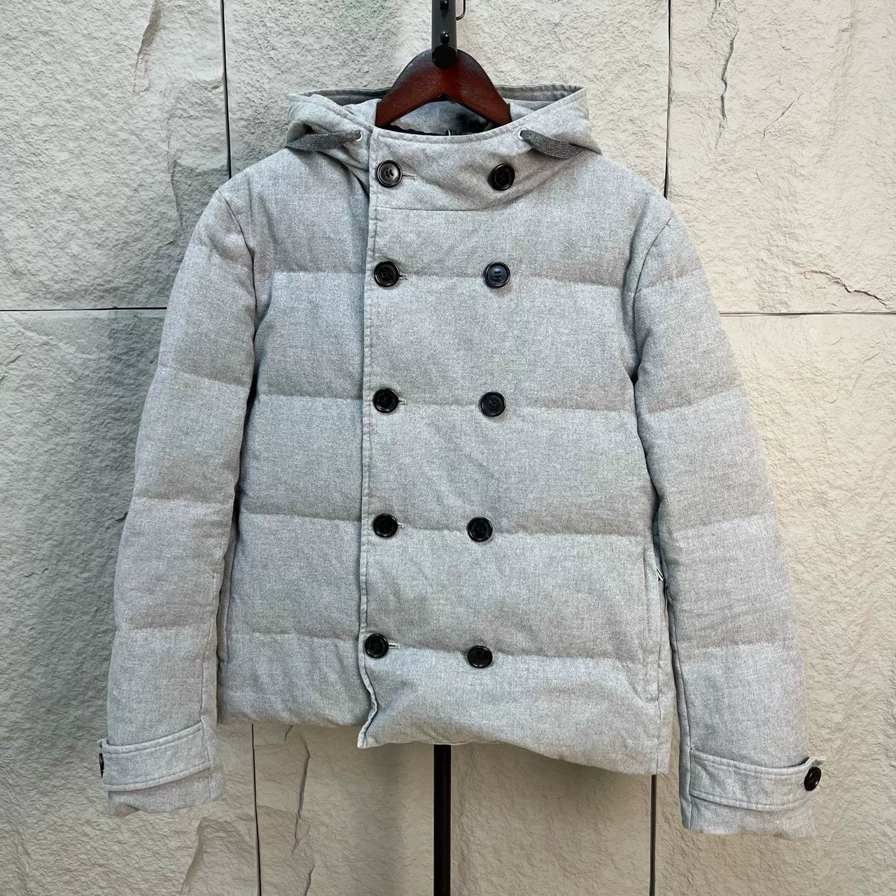 dior gray double-breasted hooded down coat
