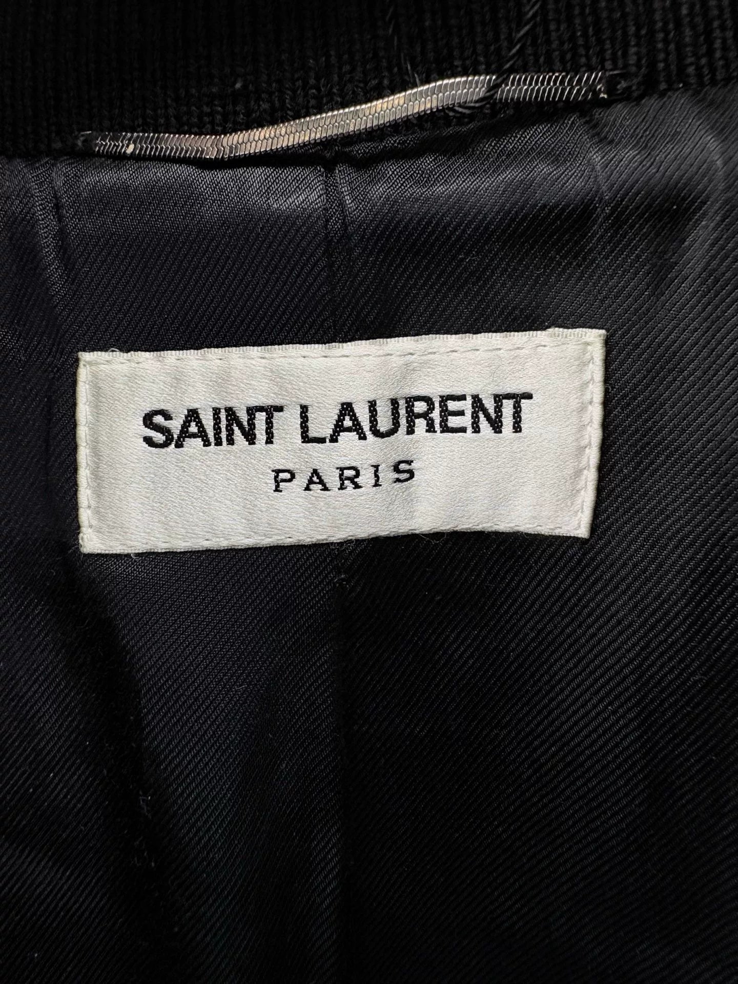 Saint Laurent Paris Leather Sleeve Baseball Jacket