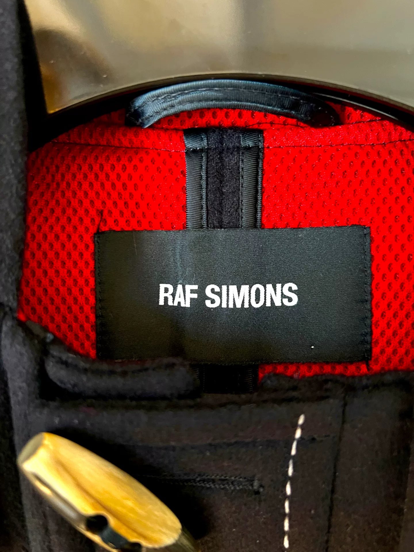 raf simons black hooded toggle coat