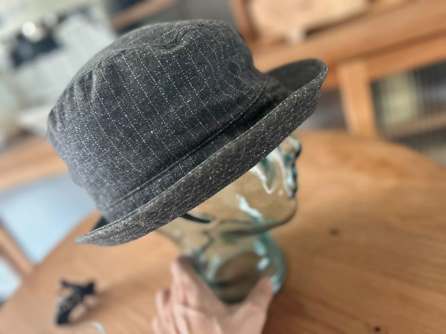 unique gray bucket hat with logo patch
