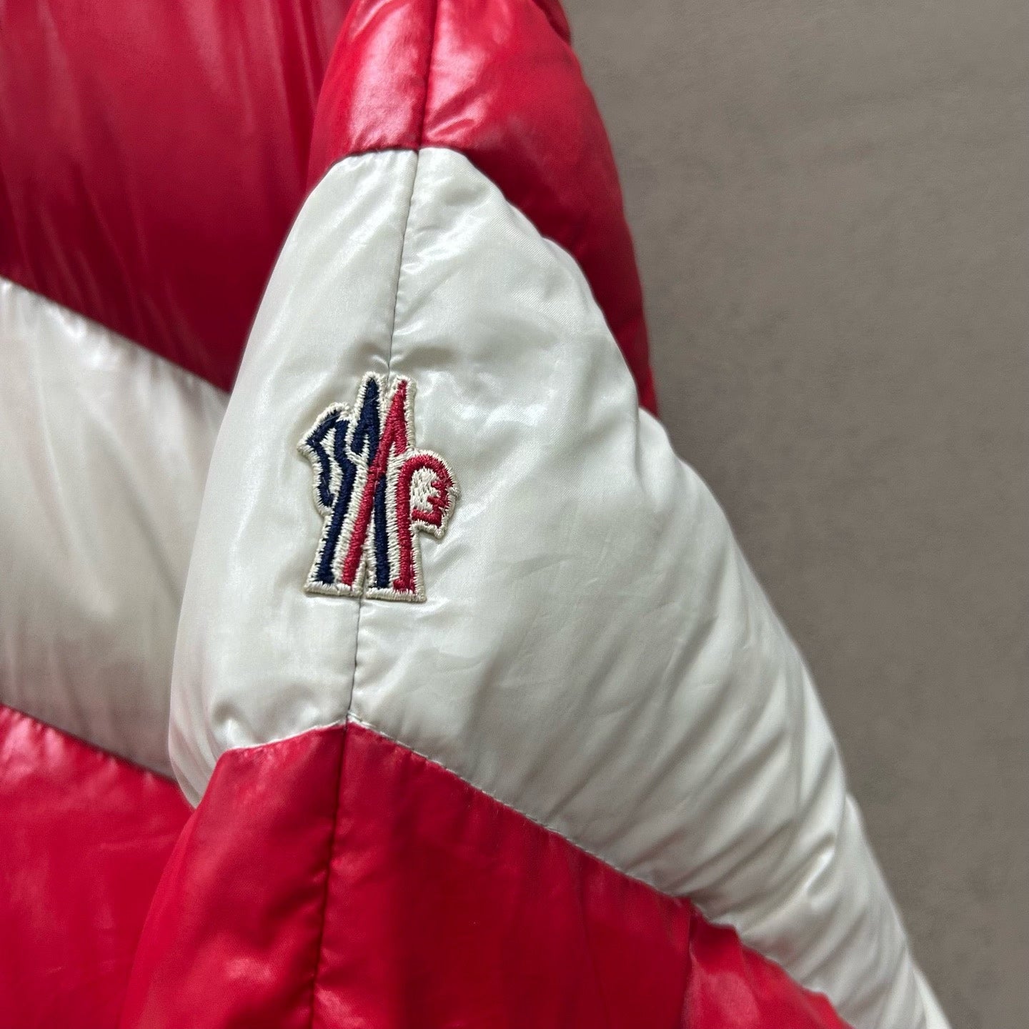 moncler red and white puffer jacket