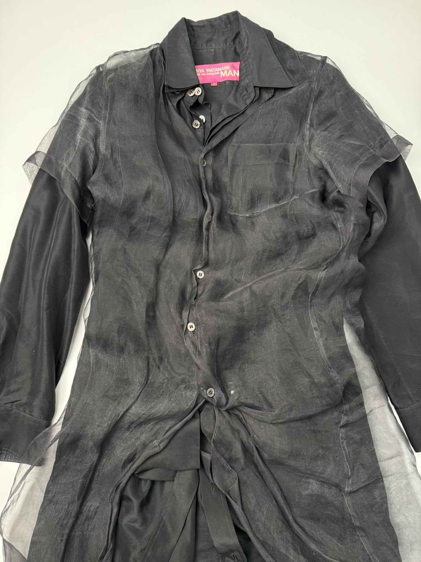 black sheer long shirt with deconstructed design