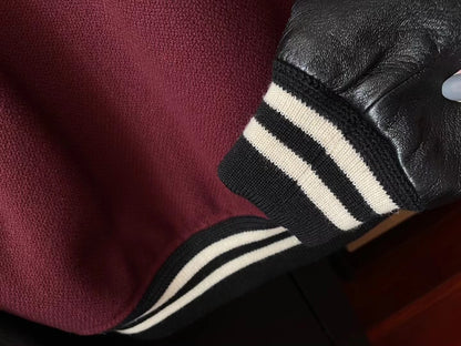 Saint Laurent Maroon Leather Sleeve Varsity Jacket