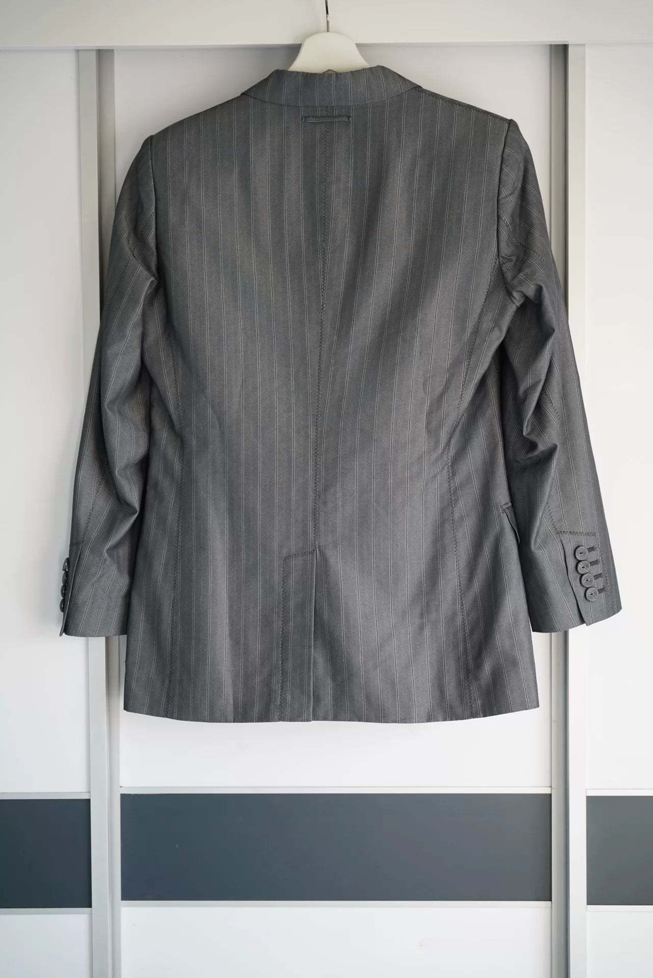 gray striped suit by Jean Paul Gaultier