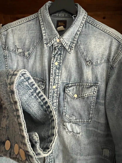 rrl distressed denim long sleeve shirt