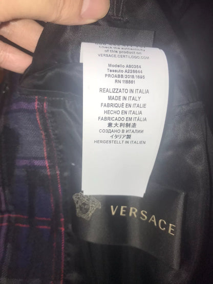 Versace Blue Plaid Leather Sleeve Jacket