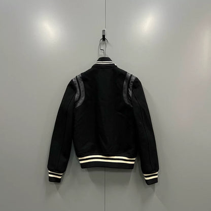Saint Laurent Black Leather Patch Baseball Jacket