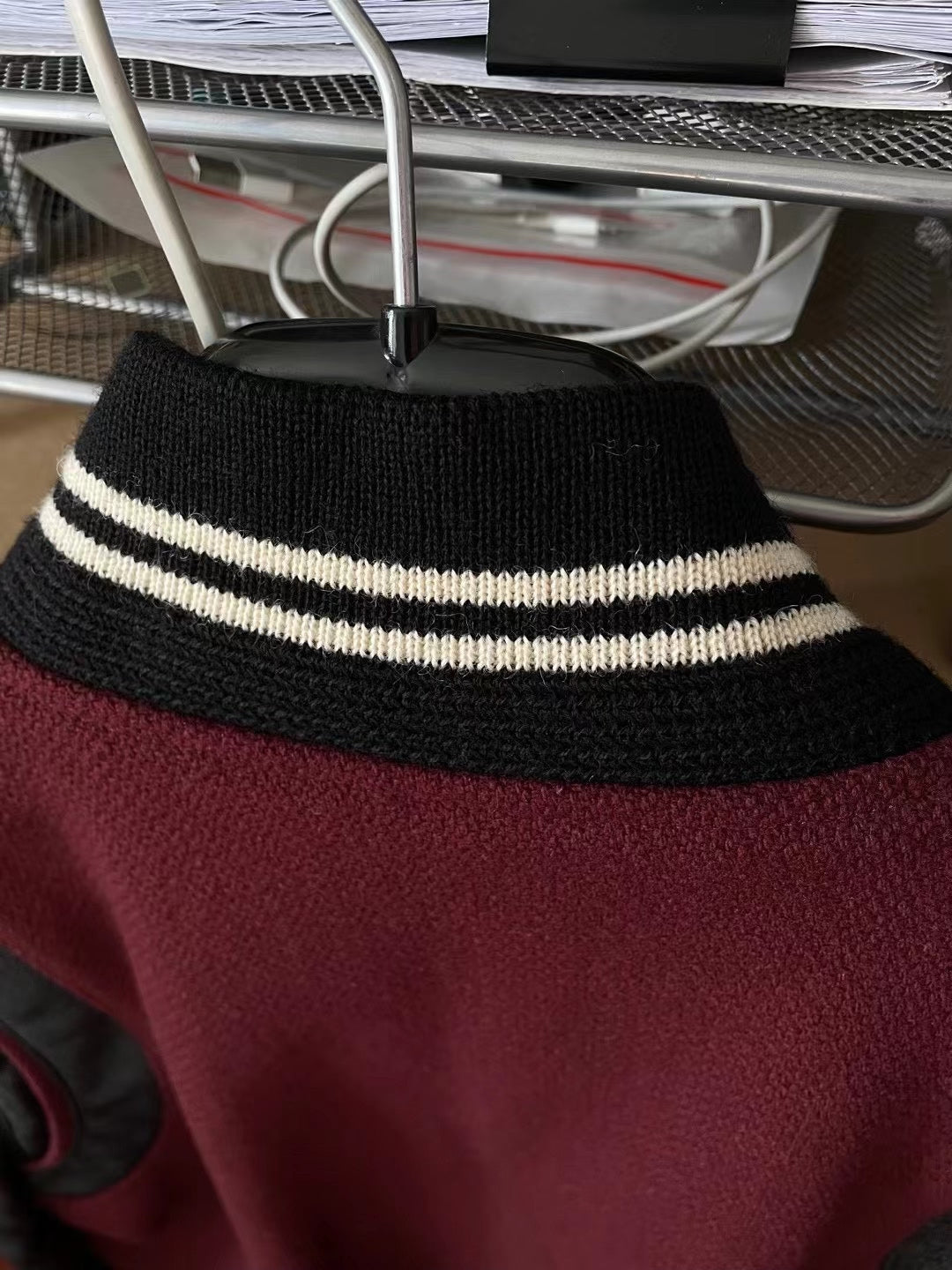Saint Laurent Maroon Leather Sleeve Varsity Jacket