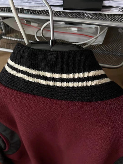 Saint Laurent Maroon Leather Sleeve Varsity Jacket
