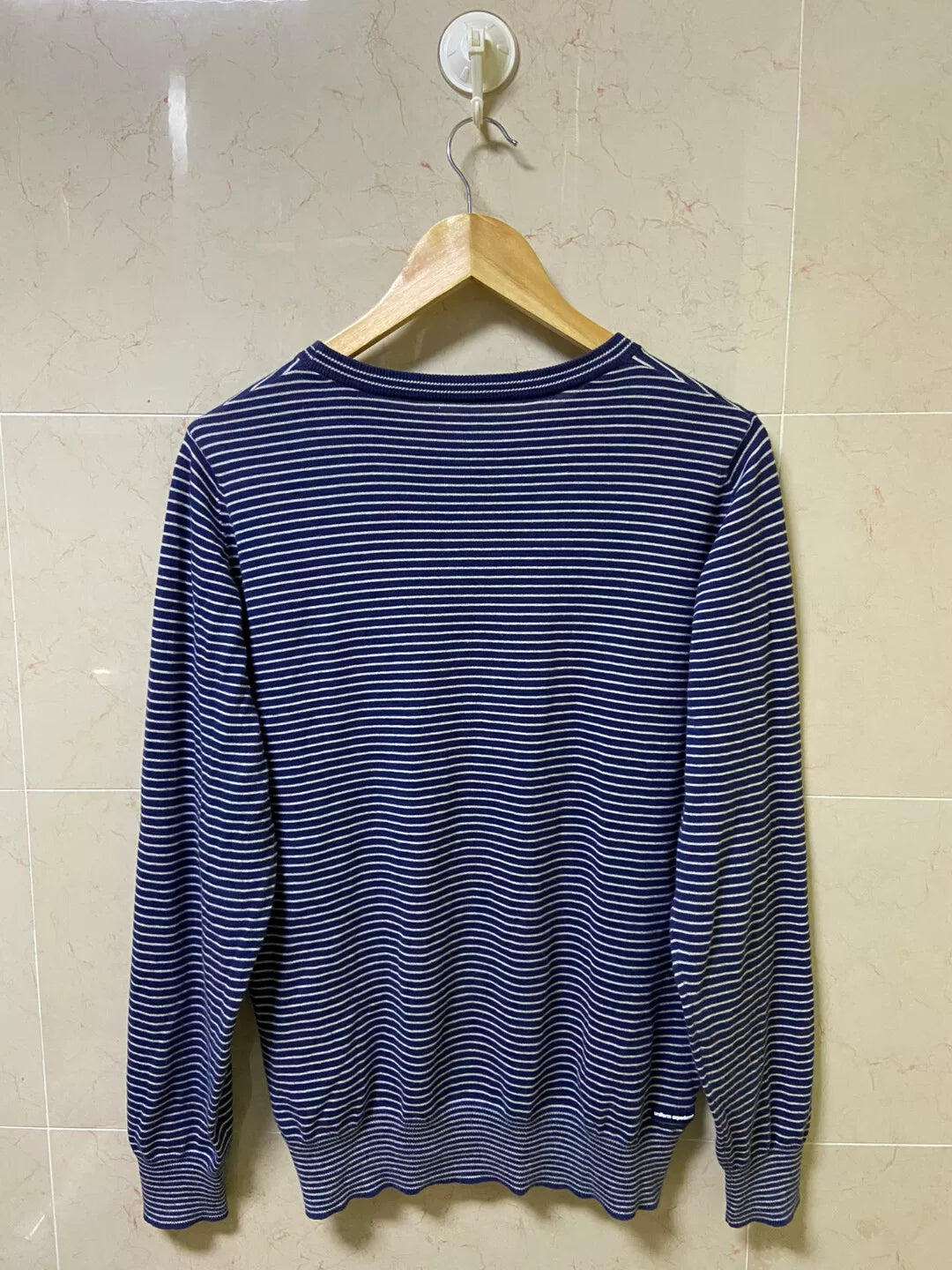 navy striped crewneck sweater for casual wear