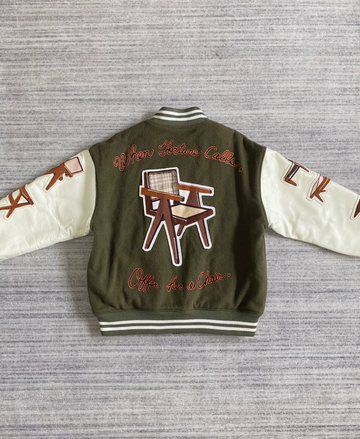 readymade baseball jacket with leather sleeves