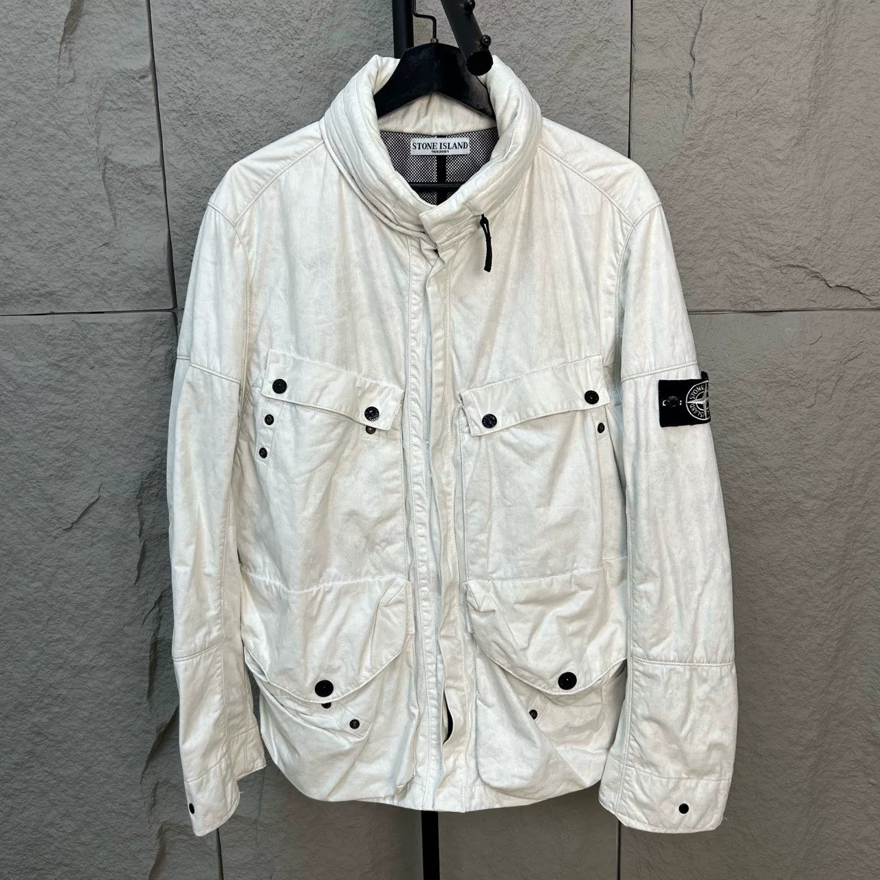 stone island white label jacket for outdoor use