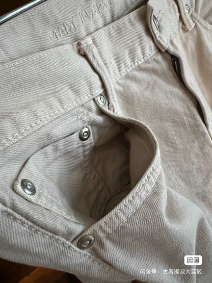 beige straight-leg denim pants for casual wear