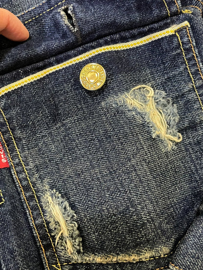 stylish blue denim jacket with gold buttons