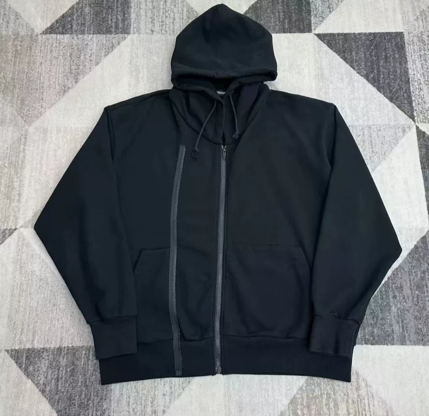 black oversized hoodie with double zipper