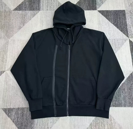 black oversized hoodie with double zipper