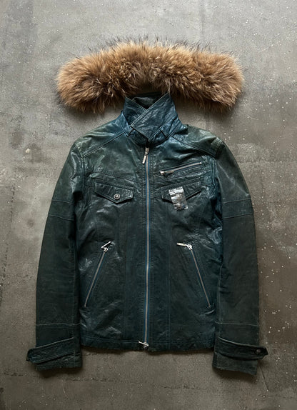 detachable fur collar distressed leather jacket
