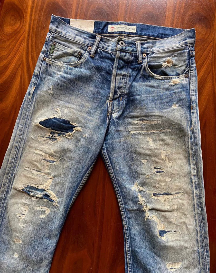 vintage distressed yellow mud denim pants