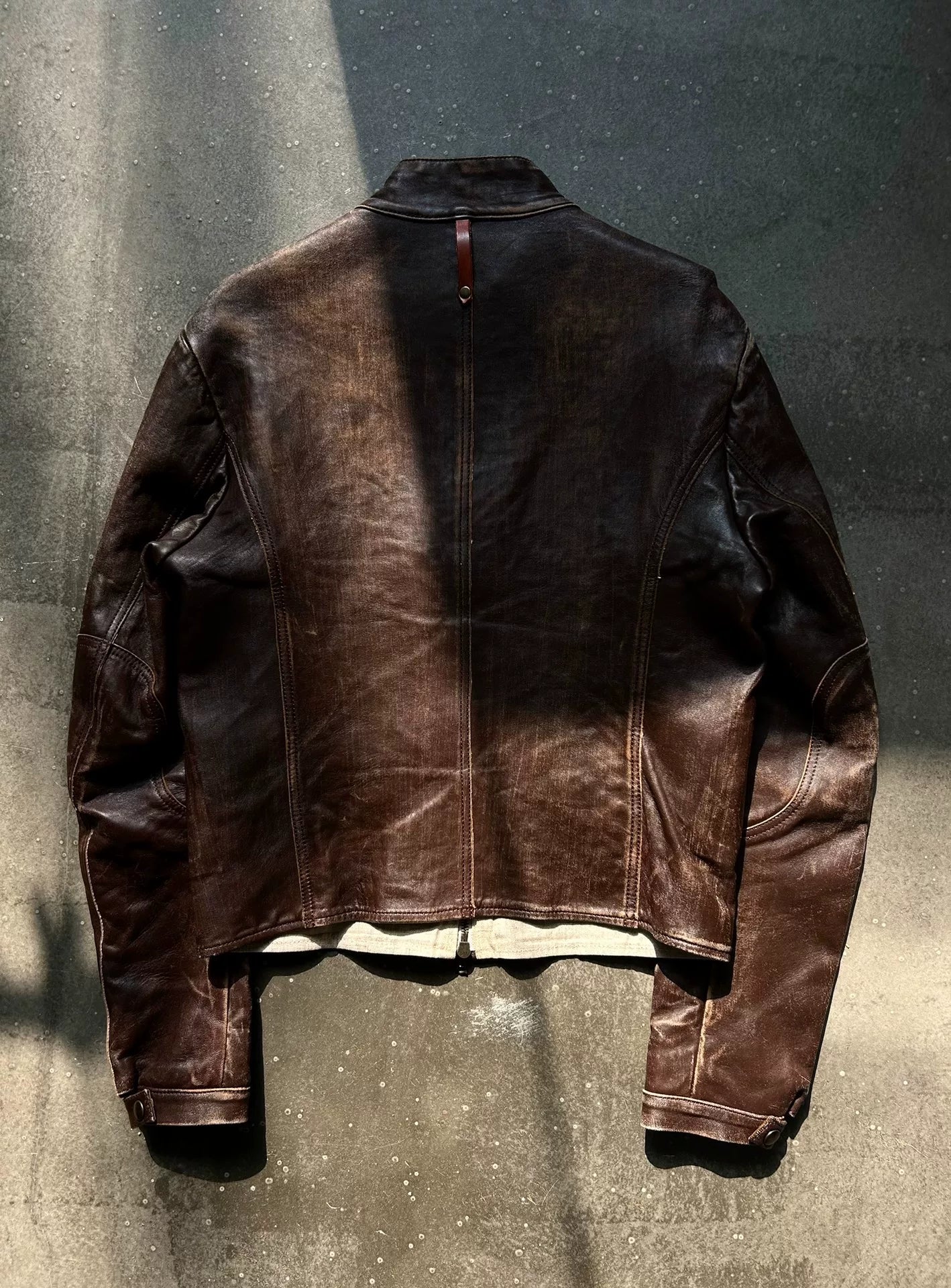 distressed leather jacket with four pockets