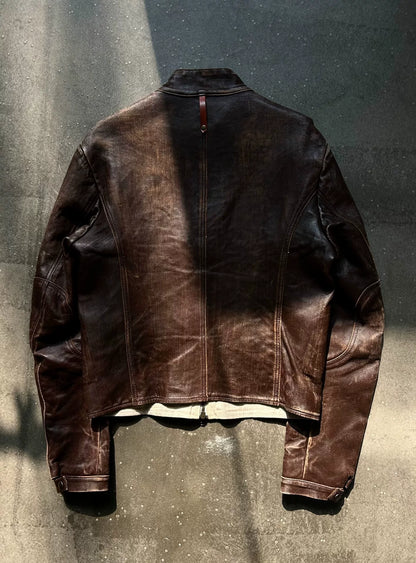 distressed leather jacket with four pockets