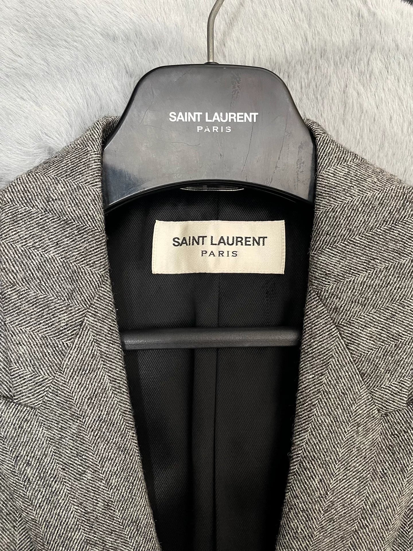 Saint Laurent Gray Herringbone Wool Coat