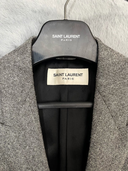 Saint Laurent Gray Herringbone Wool Coat