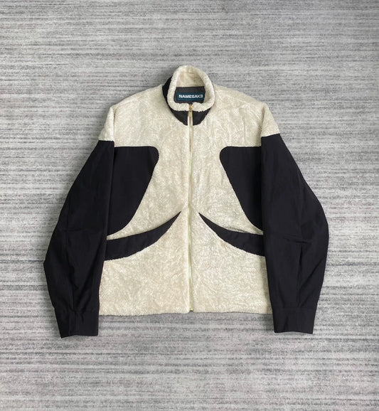 black and white fleece jacket with color blocking
