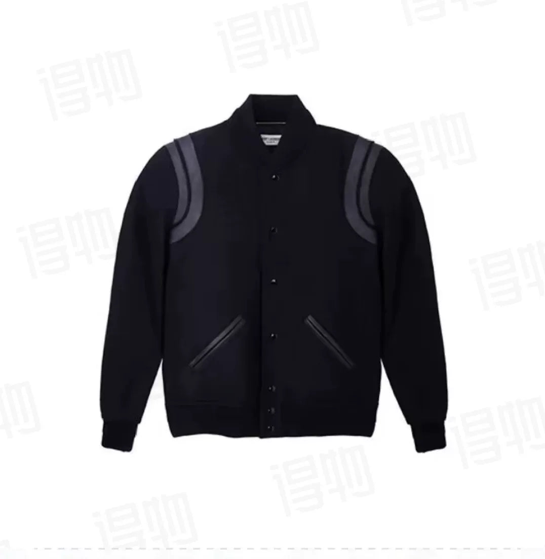 Saint Laurent Leather Sleeve Wool Baseball Jacket