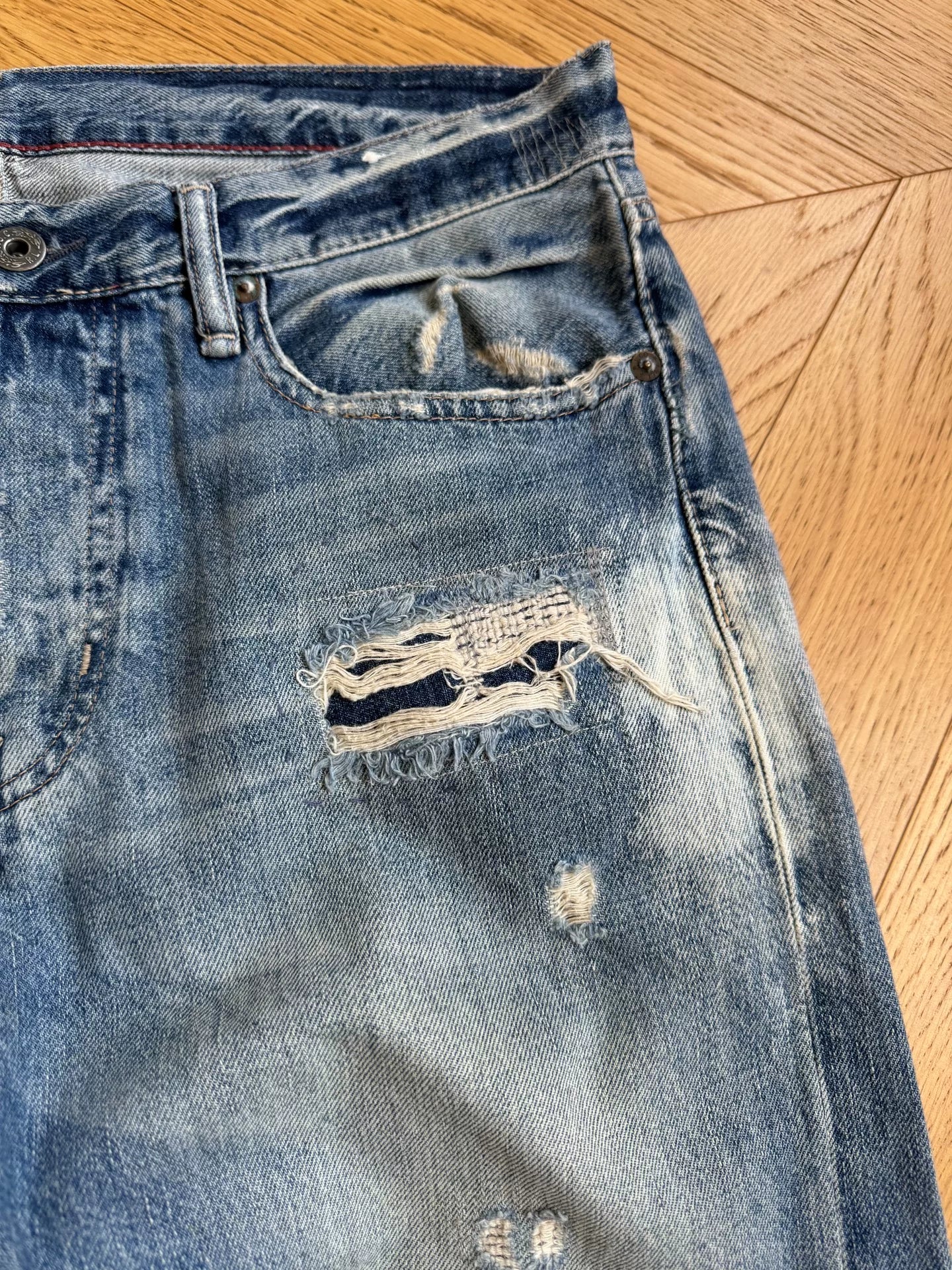 Vintage Wash Patchwork Denim Jeans