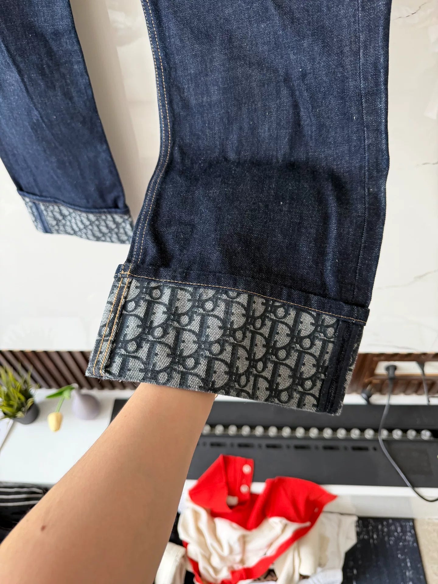 dior blue printed denim pants