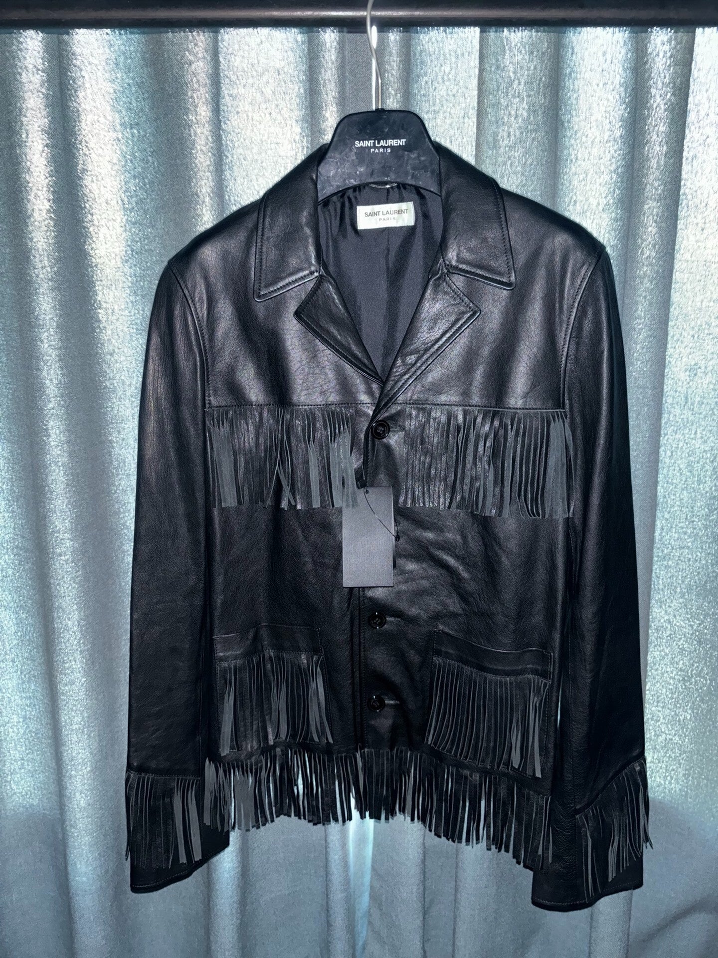 saint laurent black leather fringe jacket