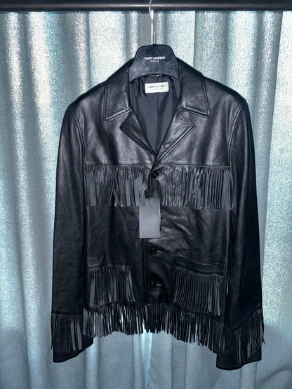 saint laurent black leather fringe jacket