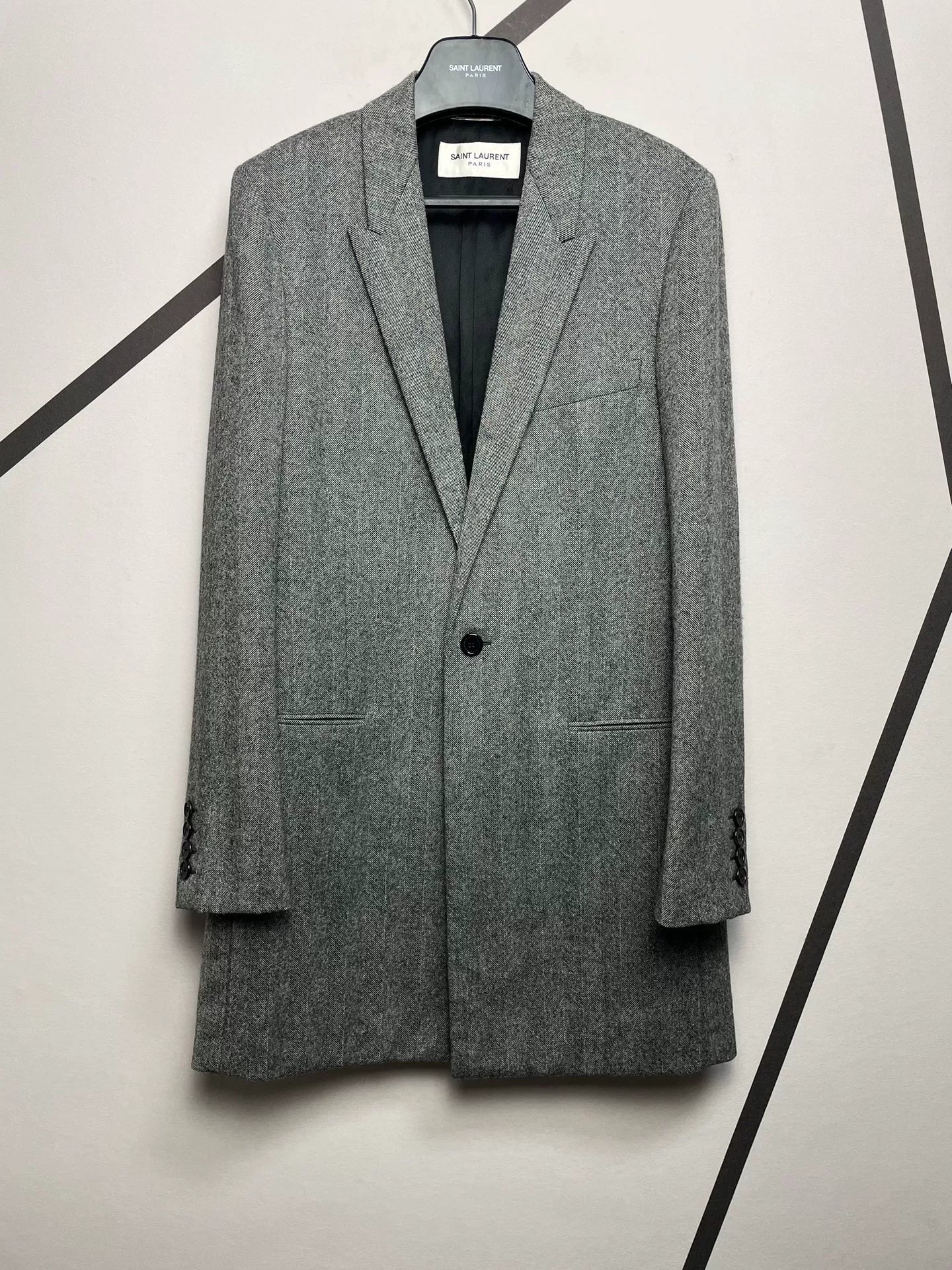 Saint Laurent Gray Herringbone Wool Coat