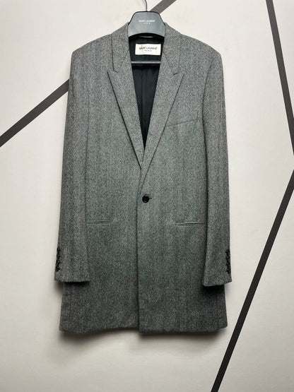 Saint Laurent Gray Herringbone Wool Coat