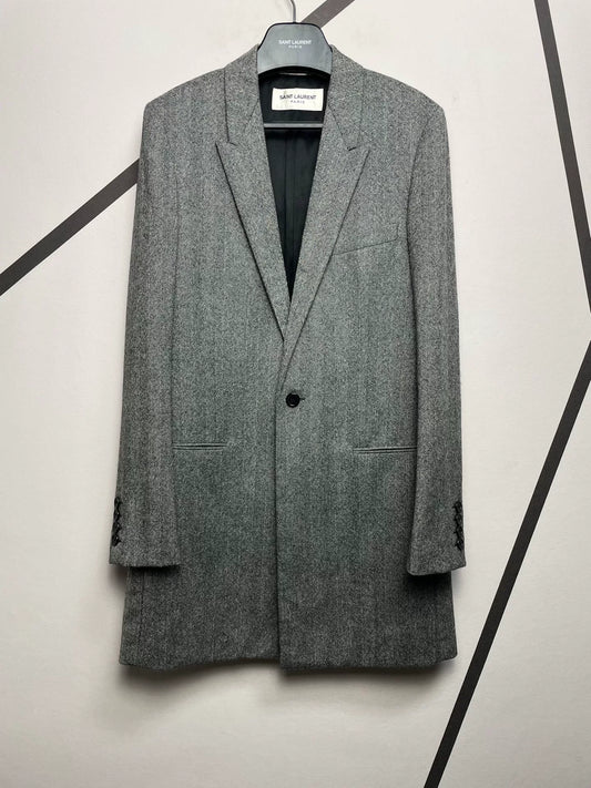 Saint Laurent Gray Herringbone Wool Coat