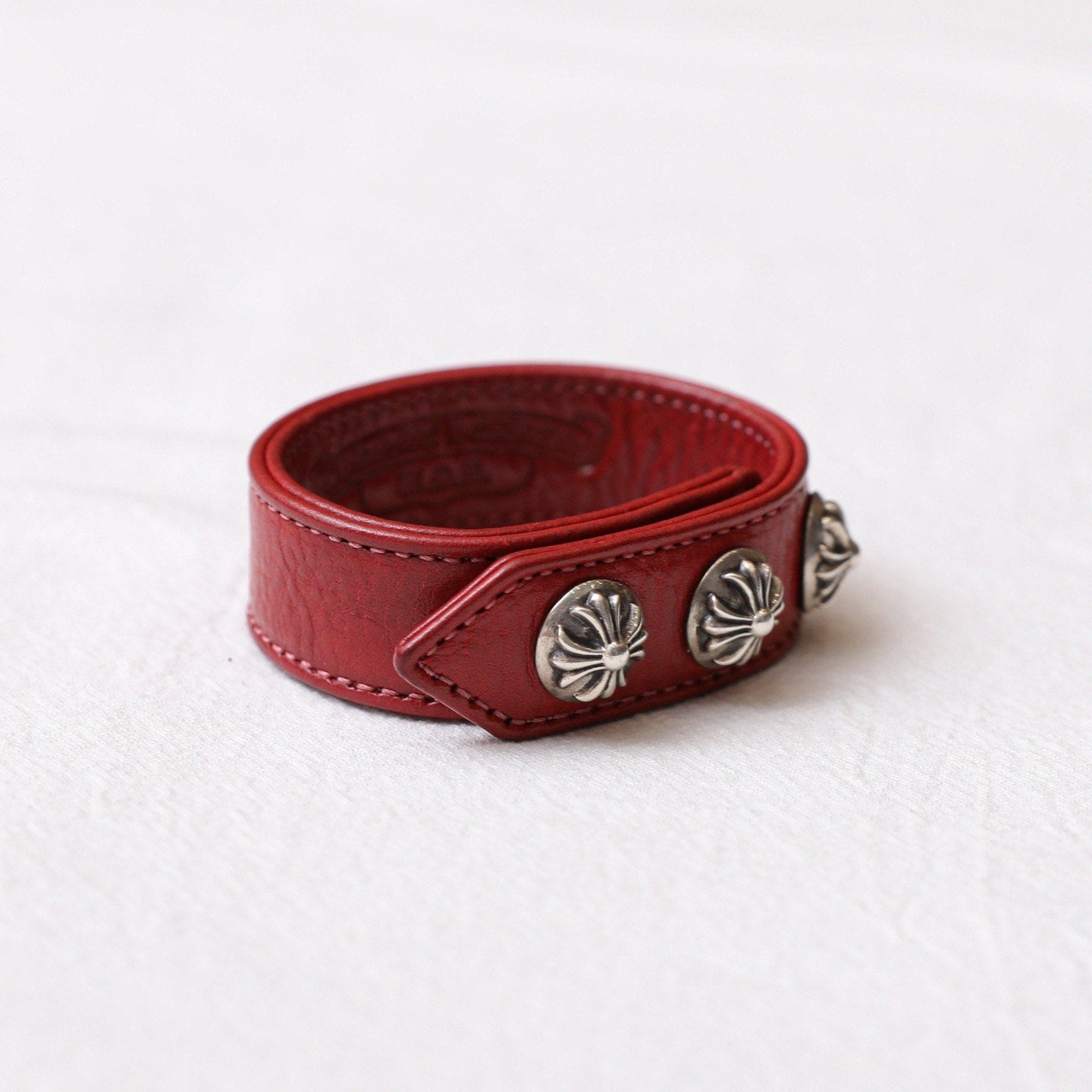 Chrome Hearts 925 Silver Cross Red Leather Bracelet