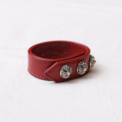 Chrome Hearts 925 Silver Cross Red Leather Bracelet
