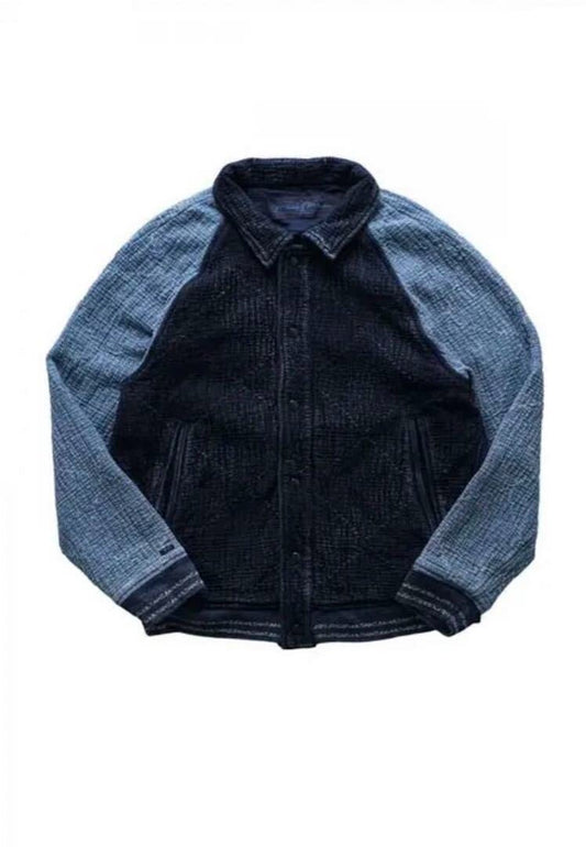 varsity jacket with indigo color block design